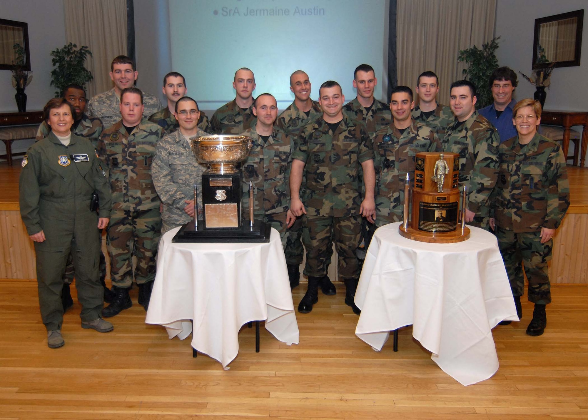 The members of the 341st Maintenance Group Guardian Challenge team pose with Wing Commander Col. Sandy Finan (left), Military Affairs Committee Chairman David Weissman (second from right) and 341st MXG Commander Col. Deborah Kirkhuff (right). Team members from left to right, front row are: Senior Airman Jermaine Austin, Staff Sergeants Dwayne Starling and Odniel Gonzalez-Ortiz, Airman Kyle Pressley, Staff Sergeants Thomas Shugart and Mark Montemayor and Senior Airman Alexandro Amado. Back row from left to right are Staff Sgt. Christopher Shepherd, Senior Airman John Smith, Airman 1st Class Alastail Yonkauski, Staff Sgt. Nathan Green, Senior Airman Alexander Hutchings and Airman 1st Class Joseph Asprocolas. (U.S. Air Force photo/John Turner)