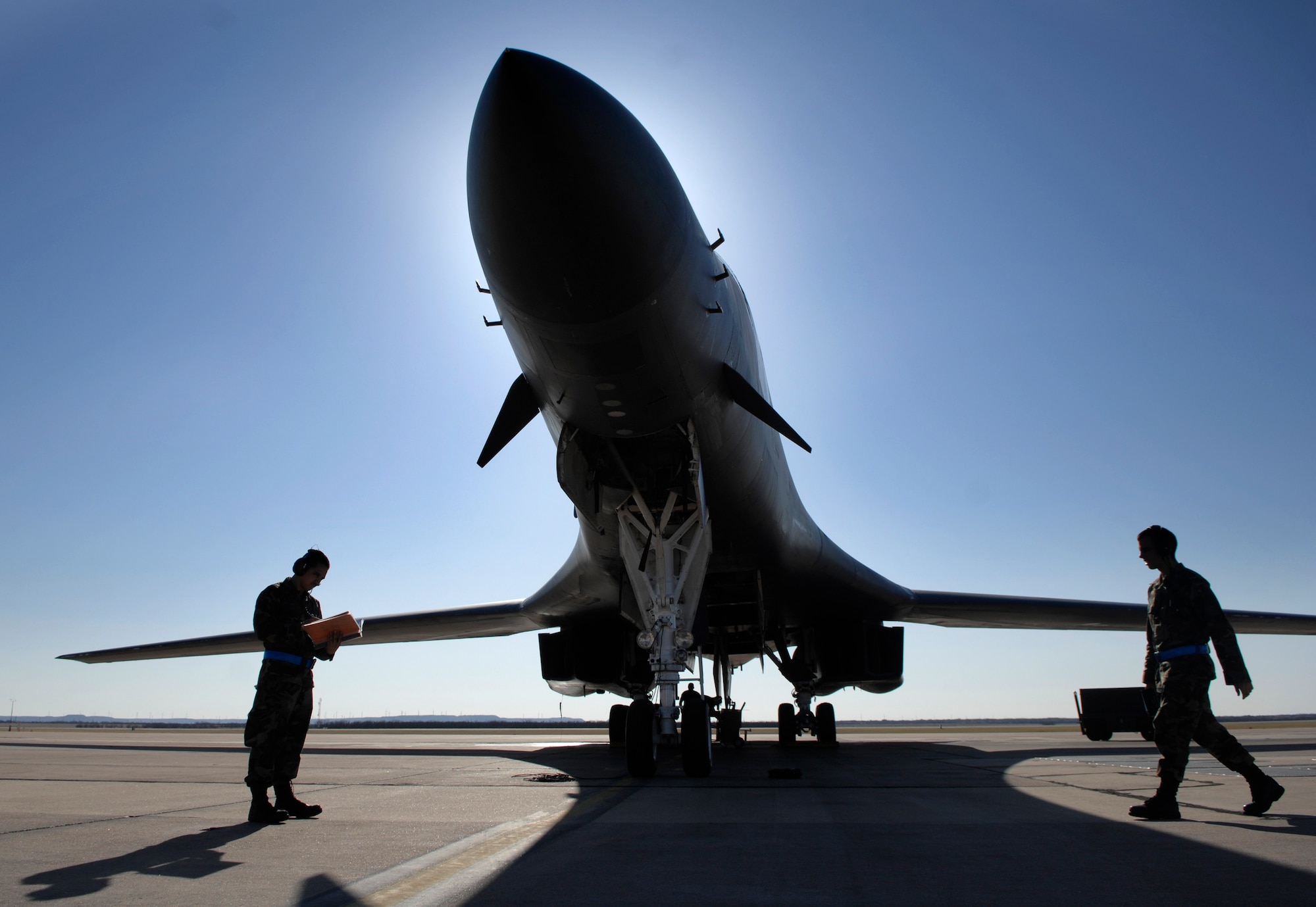 Senior Airman Hector Gonzalez and Airman 1st Class Jeffery Polllitt conduct an operational check on a B-1B Lancer March 19 at Dyess Air Force Base, Texas. The B-1B was the first aircraft to fly supersonic speeds using a 50/50 blend of synthetic and petroleum fuel over the White Sands Missile Range airspace in south-central New Mexico.  (U.S. Air Force photo/Tech. Sgt. Cecilio Ricardo)