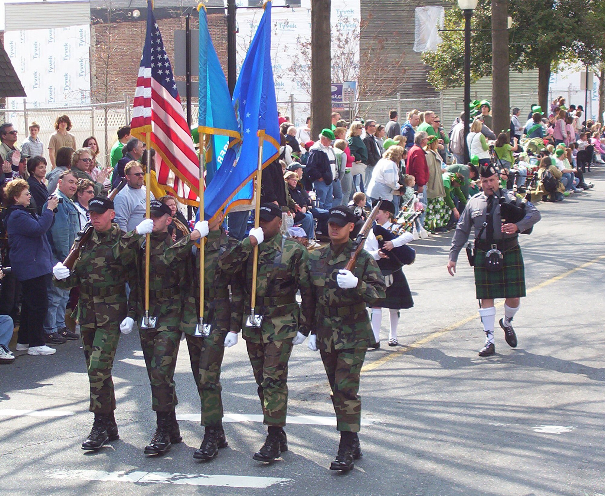 The Dover Air Force Base Honor Guard led the 15th Annual St. Patrick’s Day Parade on Dover’s Loockerman Street March 15 carrying Old Glory, the Delaware Flag and Air Force flag. (U.S. Air Force photo/ Susan Walls)