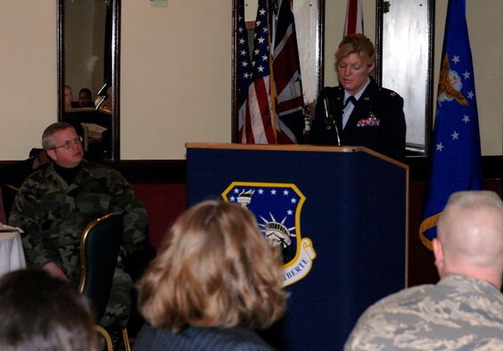 Retired Col. Jenny Hesterman gives a speech in honor of Women's History Month at the Women's History Month breakfast March 20 at RAF Lakenheath, England. The RAF Mildenhall, RAF Lakenheath Women's History Month committee sponsor several events in an effort to educate Airmen and their families on the impact women have made throughout history. (U.S. Air Force photo by Airman 1st Class Erika Brooke)