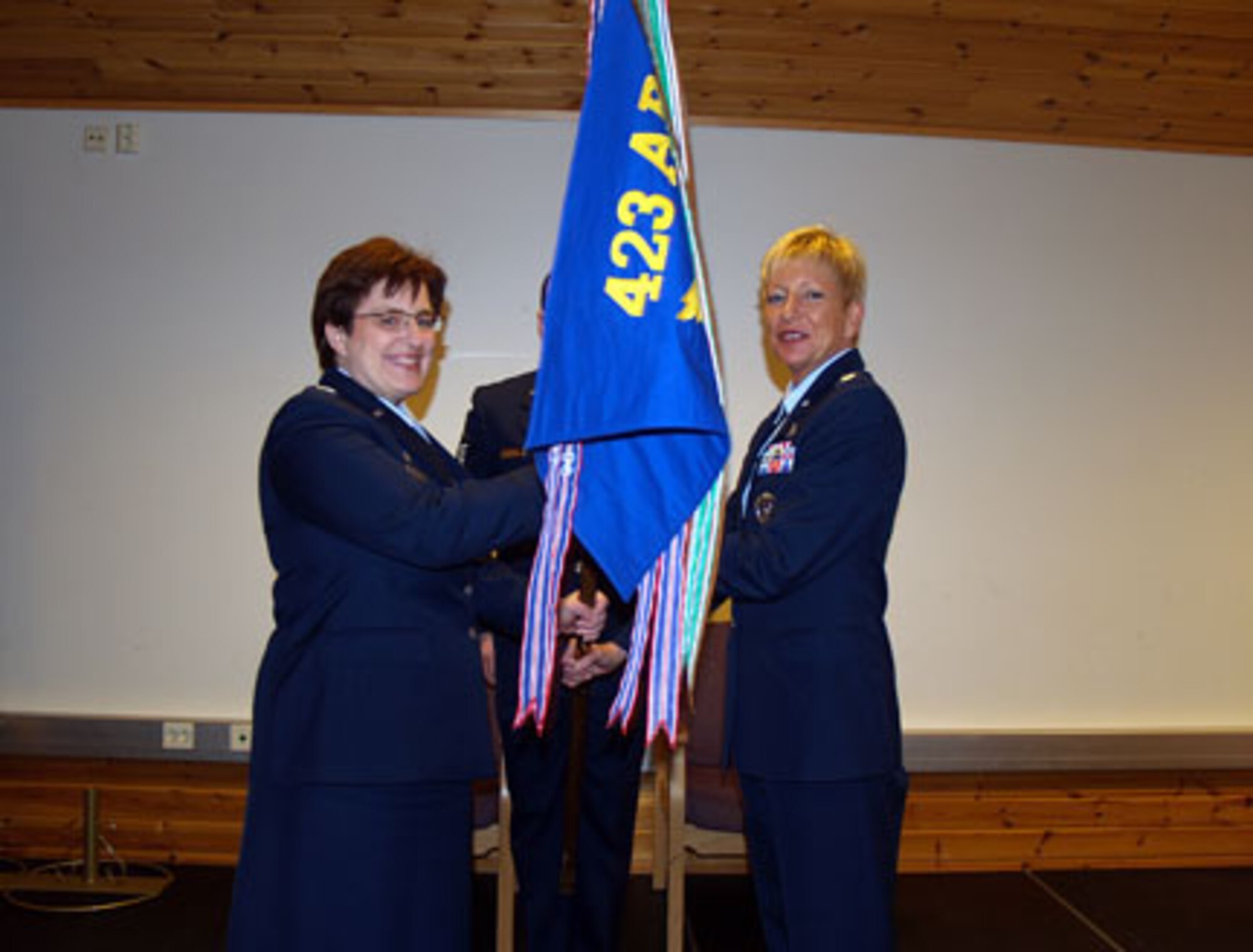 Lt. Col. Petra McGregor assumes command of the 426th Air Base Squadron at Stavanger Air Station, Norway, Feb. 1.  The ceremony was presided over by Col. Jan Rosko, 501st Combat Support Wing vice commander.  Members of the 426th Air Base Squadron and the Joint Welfare Center along with their family members were in attendance to welcome Colonel McGregor to Team Stavanger.  The 426 Air Base Squadron is a geographically separated unit under the 423rd Air Base Group, RAF Alconbury, United Kingdom. (U.S. Air Force Photo by Tech. Sgt. Vincent Clark)



