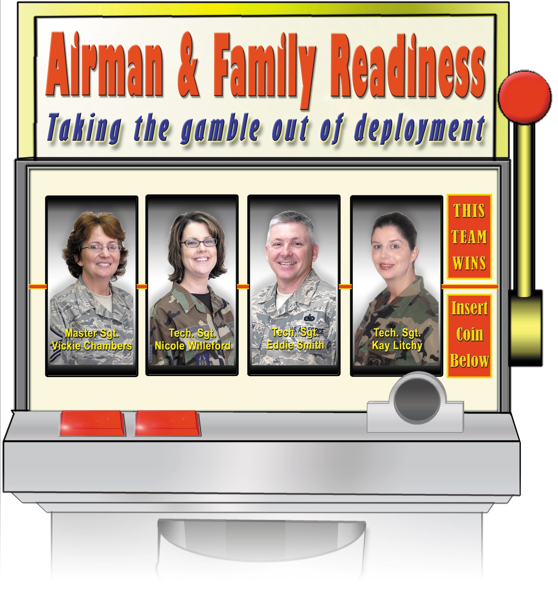 The 442nd Fighter Wing's Airman and Family Readiness staff offers programs and resources to deal with a host of problems encountered by Citizen Airmen and their families.  Master Sgt. Vickie Chambers leads the staff of four that includes Tech. Sgt. Nicole Willeford, Tech Sgt. Eddie Smith and Tech. Sgt. Kay Litchy.  The 442nd Fighter Wing is an Air Force Reserve unit based at Whiteman Air Force Base, Mo.  (U.S. Air Force photo illustration/Master Sgt. Bill Huntington)