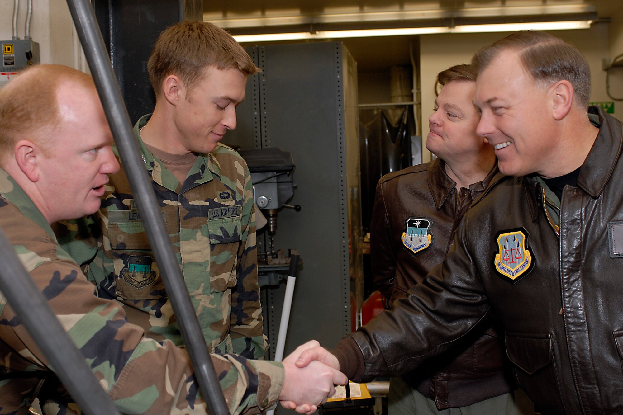 (Right) Maj. Gen. Stephen T. Sargeant, Air Force Operational Test and Evaluation Center Commander, meets and visits with U.S. Air Force Academy cadets during a March 17, 2008 visit that included a tour of Academy astronautics classes and laboratories.