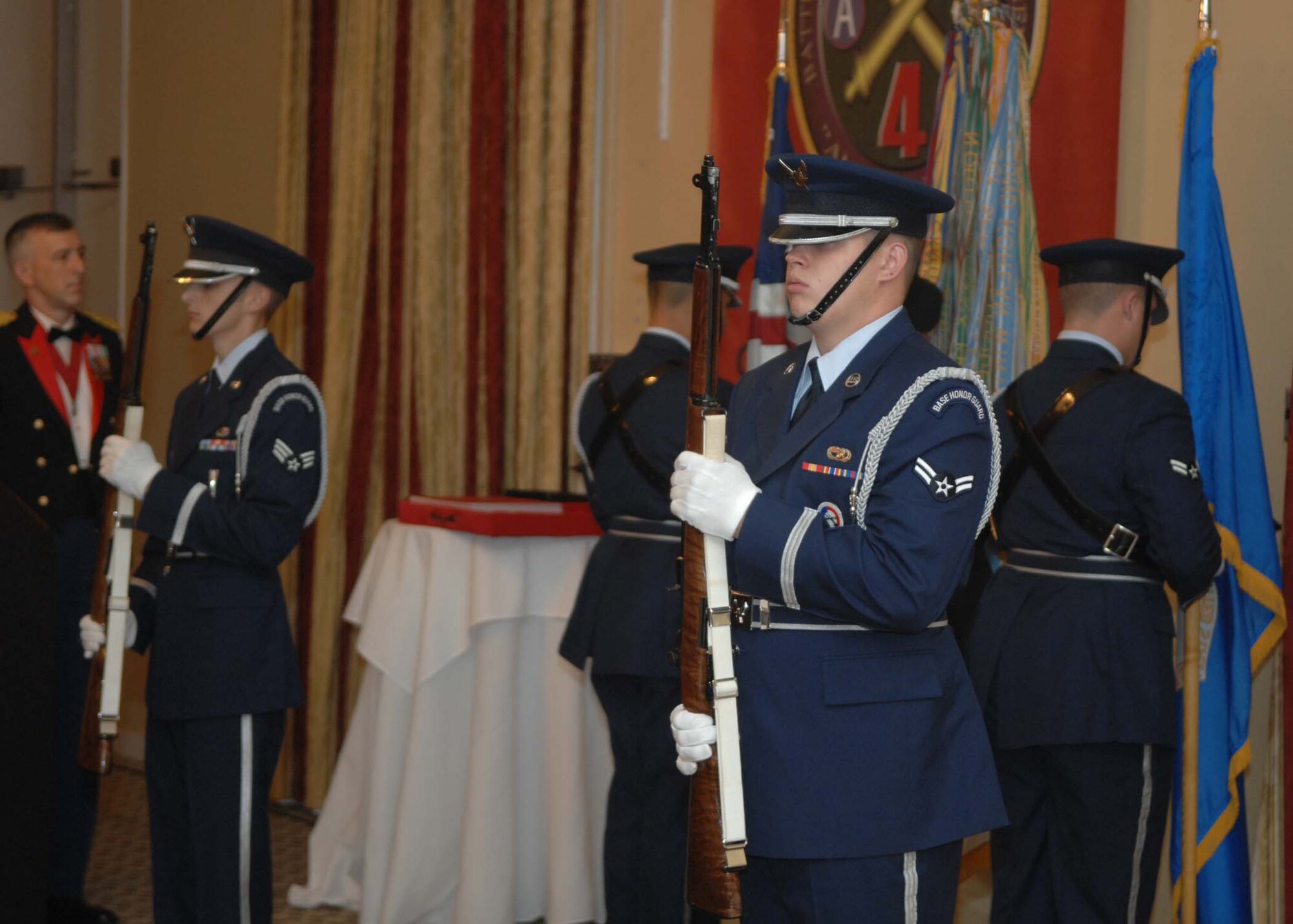 SHAW AIR FORCE BASE, S.C. -- Shaw Air Force Base and Fort Jackson Honor Guard members post the colors at the 4th Battlefield Coordination Detachment Saint Barbara's Day Ball March 15 at the Sunset Country Club in Sumter, S.C. (U.S. Air Force photo/Airman 1st Class Matthew Davis)  