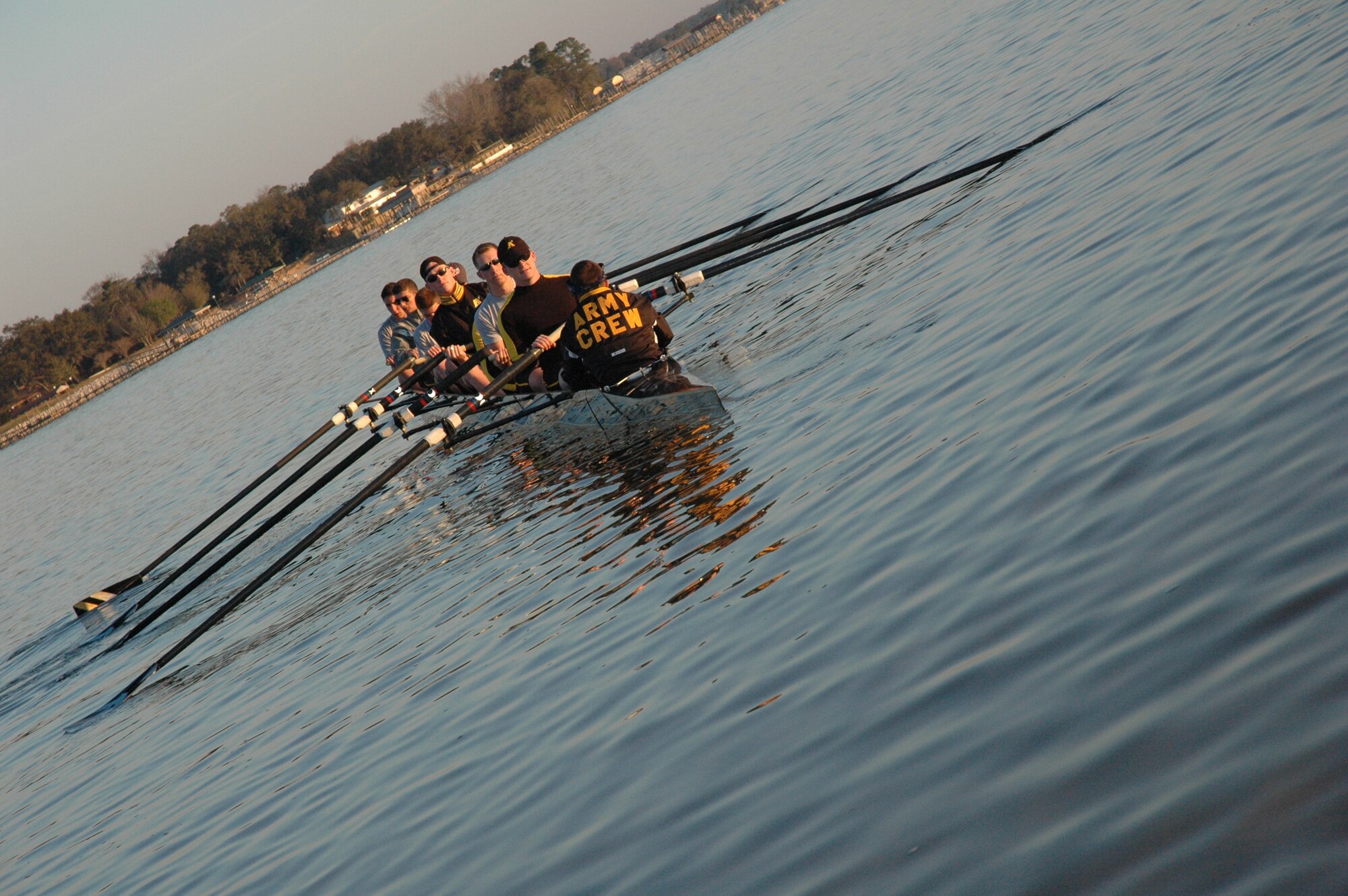 EGLIN AIR FORCE BASE, Fla. -- The United States Military Academy at West Point  male crew team practices on Boggy Bayou, Niceville. Started in 1985, the crew team has been coming to Eglin for three years for Spring Break to practice their technique, speed and teamwork. (U.S. Air Force photo/ Staff Sgt. Stacia Zachary)
