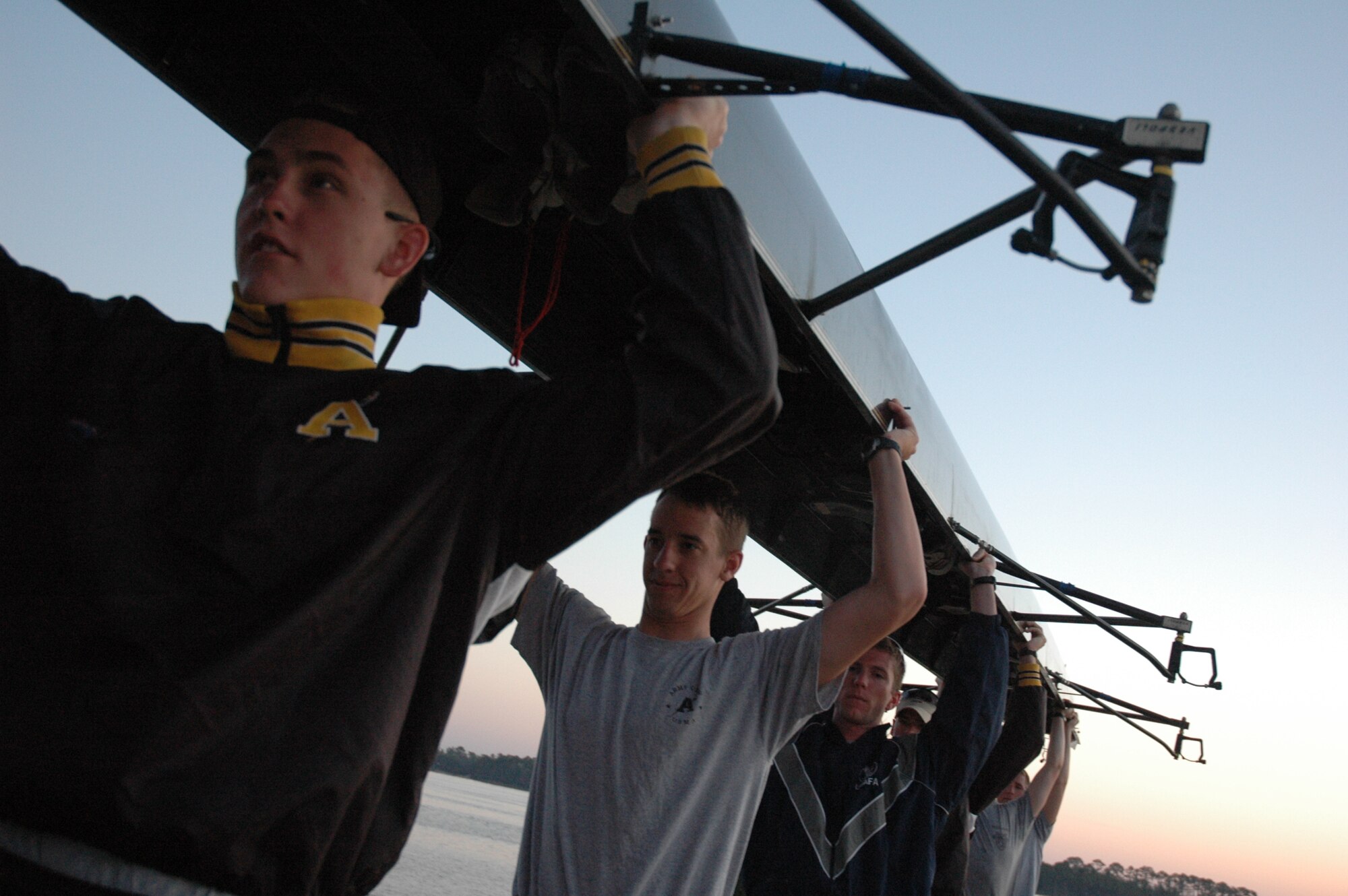 EGLIN AIR FORCE BASE, Fla. -- Army cadets from The United States Military Academy at West Point prepare to lauch their skull in Boggy Bayou, Niceville. Around since 1985, the crew team has been coming to Eglin for three years for spring break to practice their technique, speed and teamwork. (U.S. Air Force photo/ Staff Sgt. Stacia Zachary)