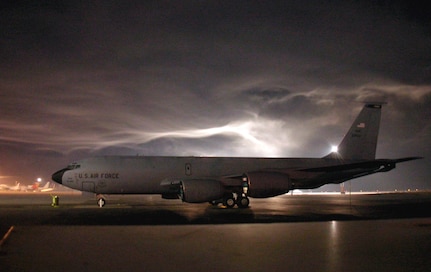A KC-135 Stratotanker sits on the flightline at Manas Air Base, Kyrgyzstan, awaiting ground crews to de-ice the tanker before it takes off on a refueling mission. The new KC-45A will replace the aging fleet of KC-135s. (U.S. Air Force photo/Staff Sgt. Paul Clifford)


 

