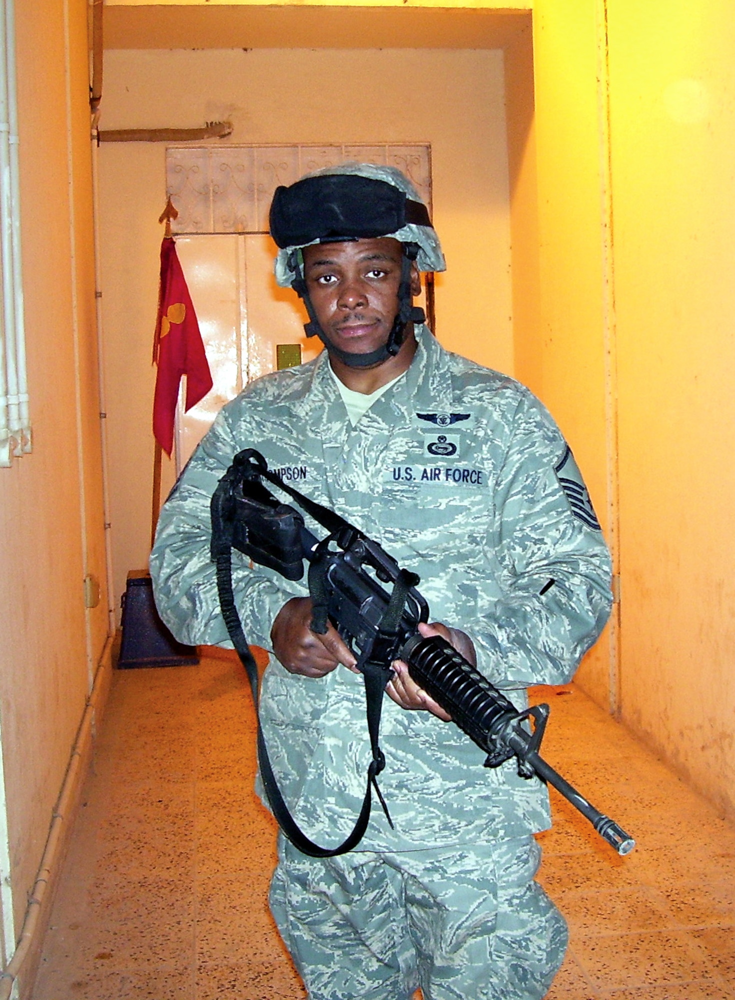 Master Sgt. Rodney Thompson poses with his M-4 carbine at Forward Operating Base Liberty, Iraq. Sergeant Thompson was deployed as NCO in Charge of seven five-person Weapons Intelligence Teams. (Courtesy Photo)