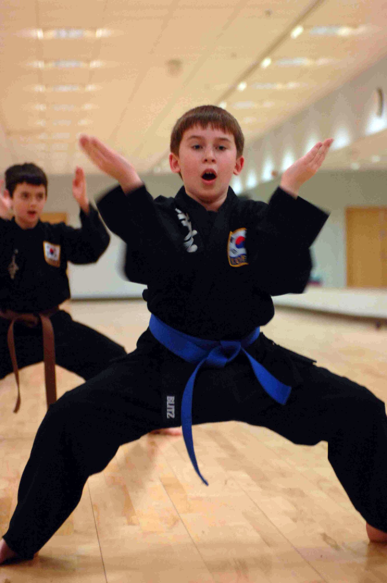 James Morton, 10, son of Richard Morton, 48th Services Squadron, performs hand strikes as part as part of Kuk Sool Won blue-belt training March 16 at the fitness center. Children's Kuk Sool Won classes are held Fridays at 6:30 p.m. and Sundays at 5 p.m. Adult classes are $6 a day or $60 a month per person or a family pass is $120 per month. (U.S. Air Force photo by Tech. Sgt. Christopher Campbell)