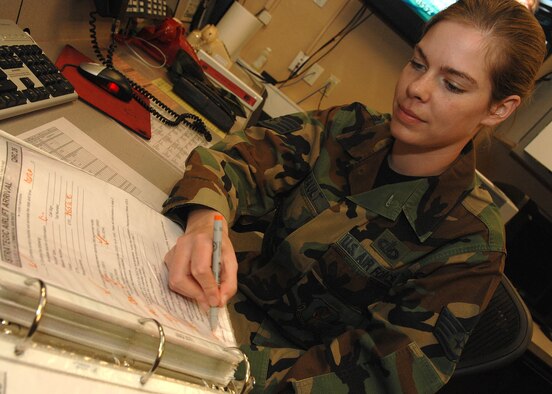 Staff Sgt. Claire Amirault, 355th Fighter Wing Command Post, fills out the checklist after having a notification of an innocent that happened off base. The checklist is used to make sure all the personnel that need to know are contacted. The command post is responsible for communicating with the base to make sure all units get the information needed throughout the base and the chain of command. (Photo By USAF: Senior Airman Jacqueline Hawkins)