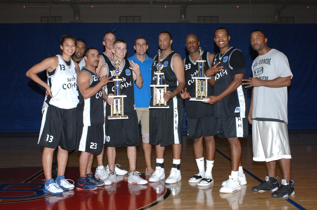 The 36th Communications Squadron intramural basketball team, poses for a group photo after winning the 2008 Intramural Basketball Championship game, March 24.  This marks the third year in a row that the 36th Communication Squadron has taken first place in Andersen's annual championship basketball game.   (Photo by Senior Airman Miranda Moorer/36th Wing Public Affairs)           