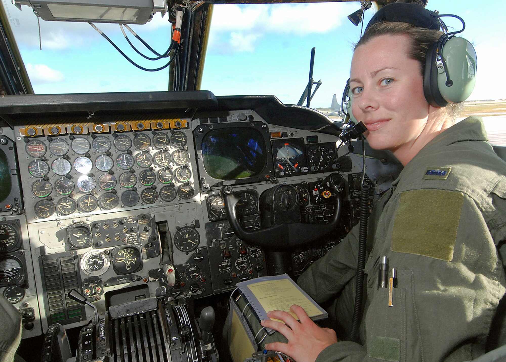 1st Lt. Nicola Hill does her pre-flight inspection before flying a 10-hour mission across the Pacific in a B-52 Stratofortress March 18 from Andersen Air Force Base, Guam. She and her fellow B-52 aircrew members practice techniques they would use in actual combat missions. Lieutenant Hill is a B-52 pilot from the 96th Expeditionary Bomb Squadron deployed from Barksdale AFB, La. (U.S. Air Force photo/Staff Sgt. Vanessa Valentine) 
