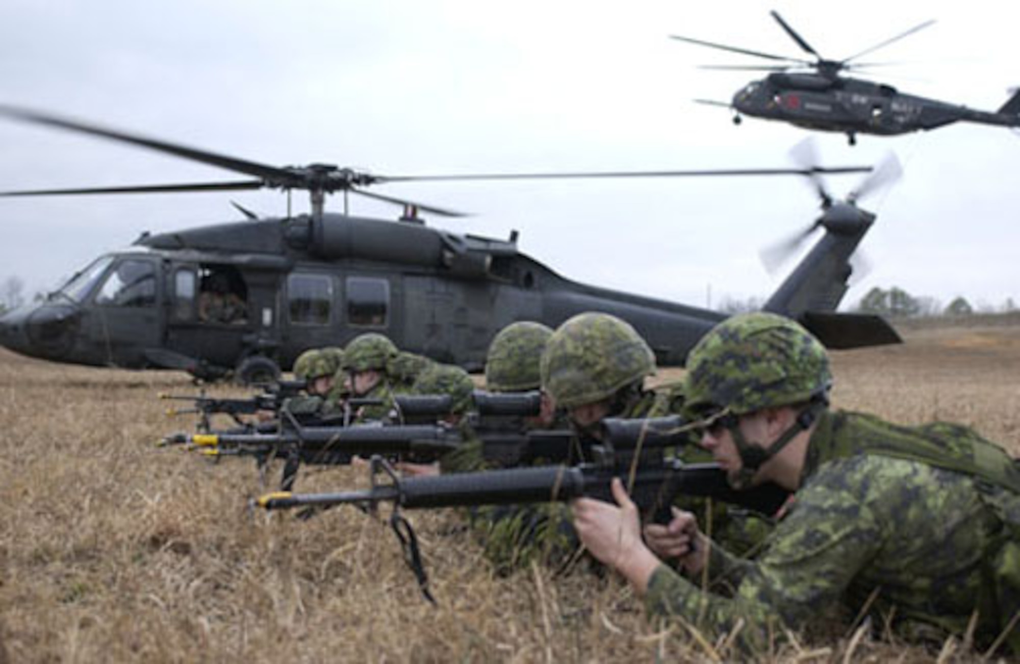 Members of the 36th Canadian Brigade Group take up fire positions after dismounting from an U.S. Blackhawk helicopter at Fort Pickett, Va. Feb 17. Exercise Southbound Trooper is the largest single military exercise held annually for Soldiers from the Canadian Reserve unit from Nova Scotia and Prince Edward Island. The 512th Airlift Wing hauled cargo and troops in support of this exercise and have done so for the past eight years. (Canadian Army photo/MCpl Lance Wade)

