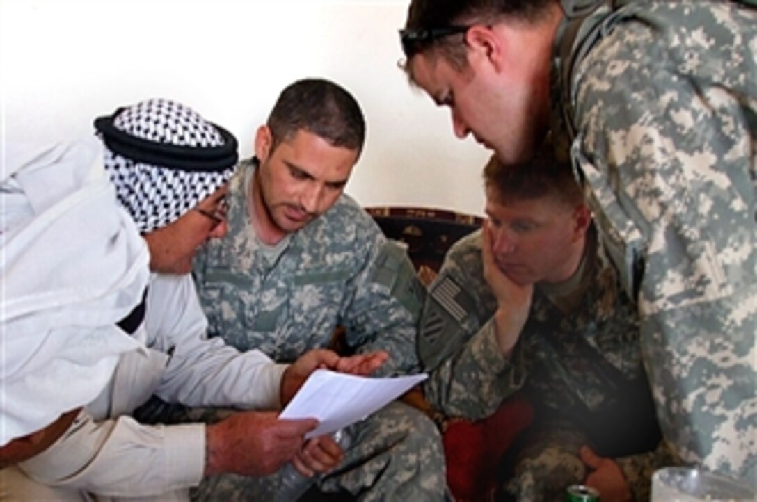 U.S. Army soldiers and Iraqi sheiks discuss the next steps in a community improvement program in Musayyib, Iraq, March 11, 2008. The soldiers are assigned to the 3rd Infantry Division's 4th Brigade Combat Team.