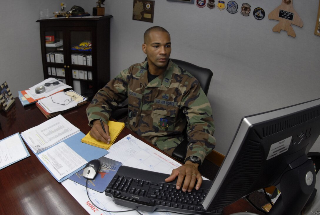 Capt. Billy Wilson, 36th Airfield Operations Flight commander, was recently awarded the 2007 Colonel Derrel L. Dempsey Officer of the Year award. Some of Captain Wilson's accomplishments include managing airfield improvements valued at more than $45 million and leading the Navy Strike Fighter Readiness Program Exercise that included 32 Navy F/A-18 Hornets and 400 sailors. (U.S. Air Force photo by Airman 1st Class Nichelle Griffiths)