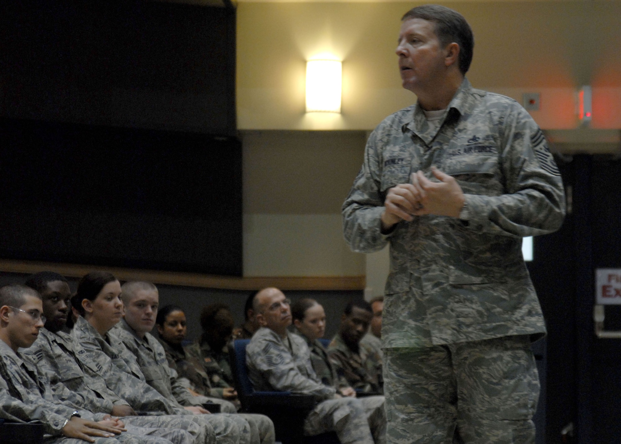 KUNSAN AIR BASE, Republic of Korea-- Chief Master Sergeant of the Air Force Rodney J. McKinley speaks to Airmen from the 8th Fighter Wing during an Enlisted Call here during his visit to the base March 24. (U.S. Air Force photo/Staff Sgt. Araceli Alarcon)                                                      