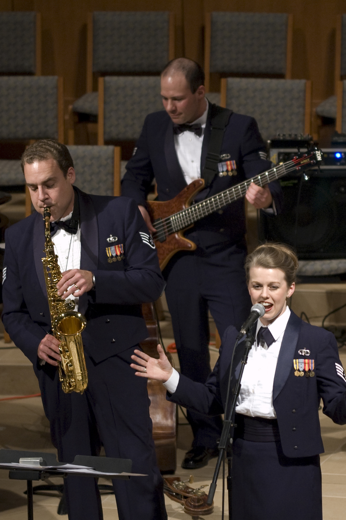 Vocalist Staff Sgt. Krista Joyce, saxophonist Staff Sgt. Chris Stelling and bassist Senior Airman Mike Schmaus perform jazz standards during a concert at St. Paul's United Methodist Church in Papillion, NE on February 12, 2008.    This was the second concert in the Papillion Concert Series.