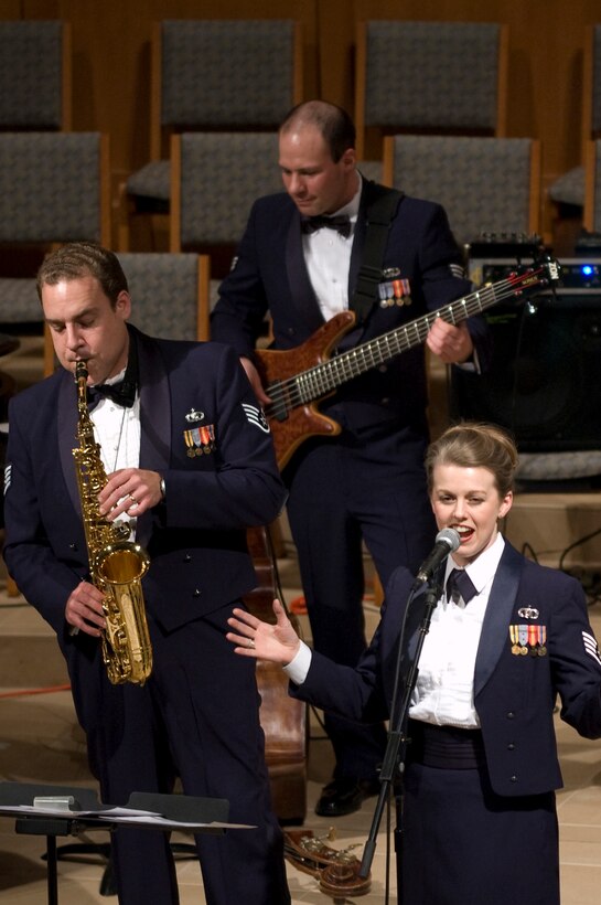 Vocalist Staff Sgt. Krista Joyce, saxophonist Staff Sgt. Chris Stelling and bassist Senior Airman Mike Schmaus perform jazz standards during a concert at St. Paul's United Methodist Church in Papillion, NE on February 12, 2008.    This was the second concert in the Papillion Concert Series.