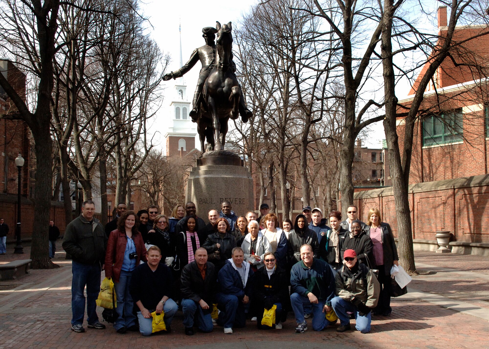 HANSCOM AFB, Mass. – ESC Annual Award nominees and their guests stand in front of the Paul Revere statue in Boston, Mass. on March 18. The nominees were given the opportunity to tour many local sites including Bunker Hill and the USS Constitution in Boston, as well as the Lexington and Concord museums; taking in a play at Boston University and bowling with leadership at Hanscom Lanes. The events culminated with the ESC Annual Award banquet on March 20. (U.S. Air Force photo by Walter Santos)