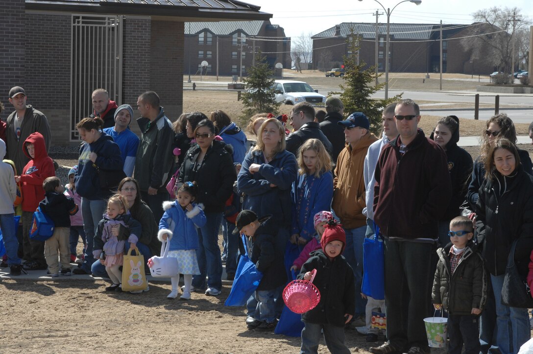 The 28th Bomb Wing Airmen and their families line up for the annual Easter Egg hunt at Ellsworth March 22  The Easter Egg hunt was sponsored by Army and Air Force Exchange Service and the 28th Services Squadron.  (Photo by Airman 1st Class Joshua Seybert) 