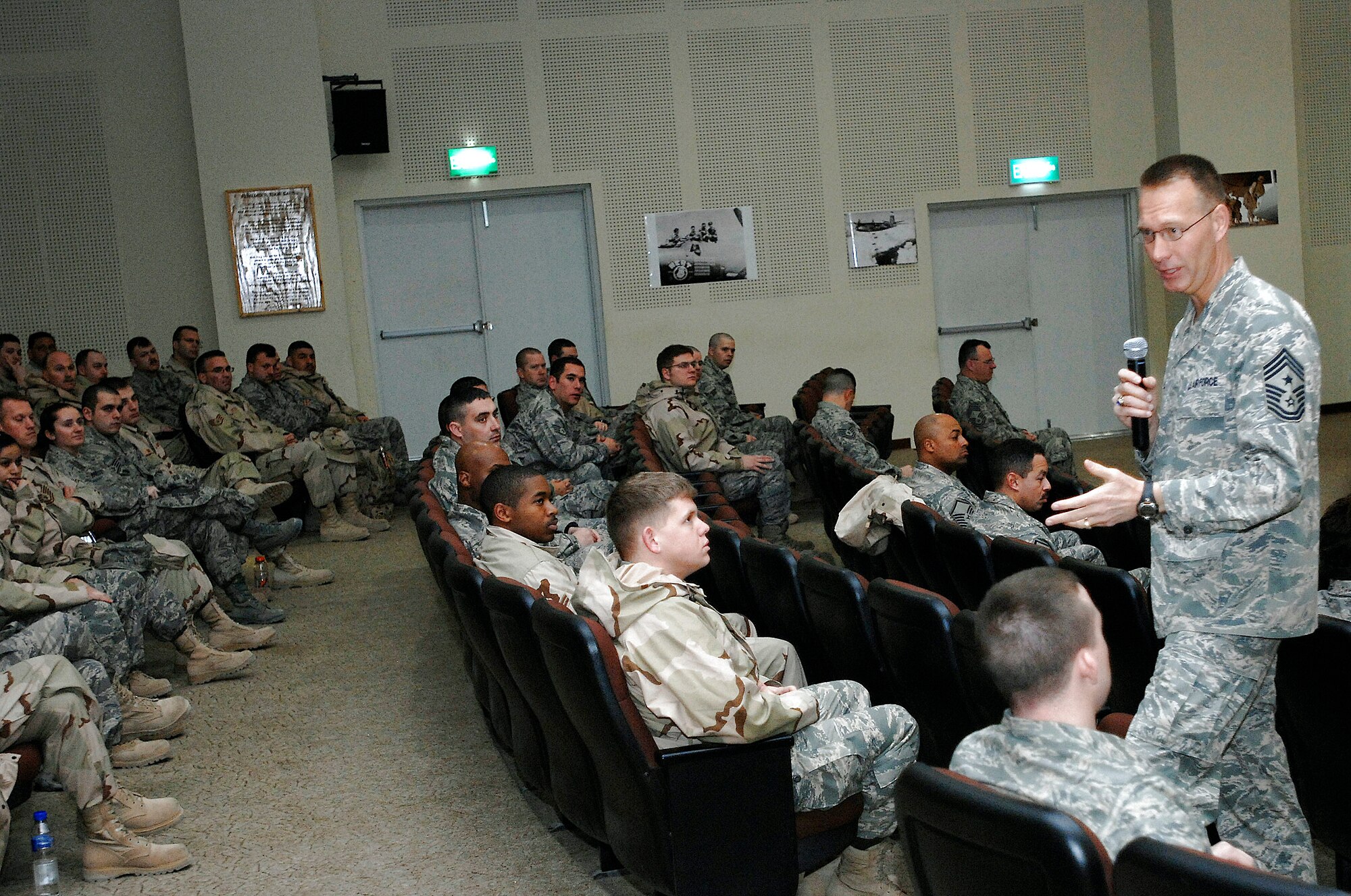 Chief Master Sgt. Todd Small talks to Airmen deployed to the 386th Air Expeditionary Wing about the war on terrorism and the important roll the Air Force plays in the future successes in the deployed region Jan. 24 at a Southwest Asia air base. Chief Small is the former 9th Air Force and U.S. Air Forces Central command chief master sergeant. (U.S. Air Force photo/Senior Airman Patrick Dixon) 
