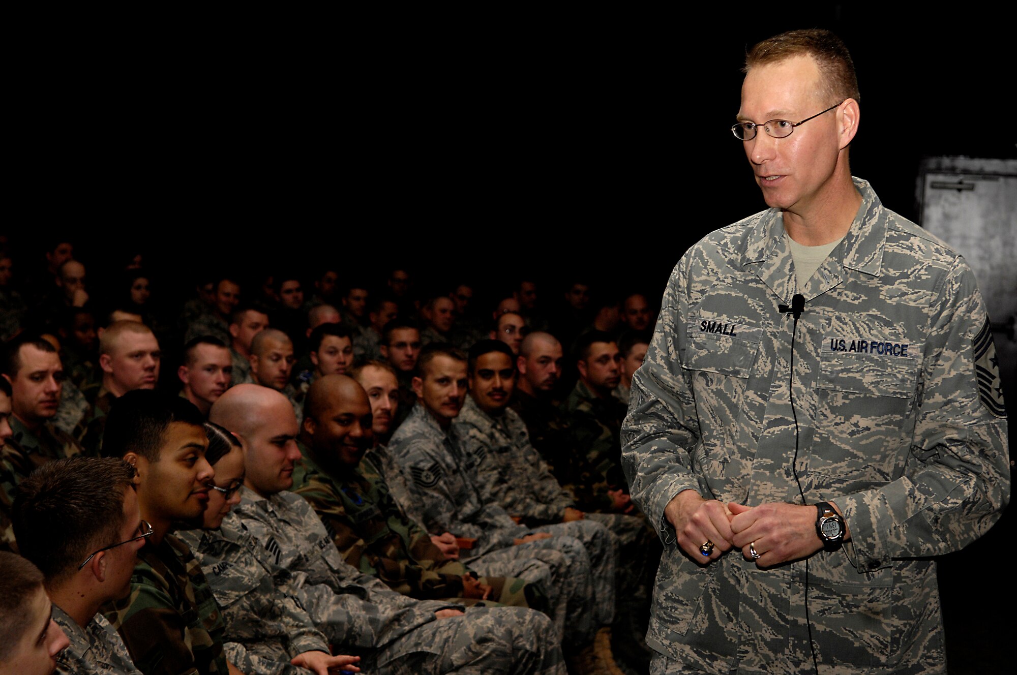 VANDENBERG AIR FORCE BASE, Calif. -- Command Chief Master Sgt. Richard Small, the command chief of Air Force Space Command, answers the questions of Airmen stationed at Vandenberg during a enlisted call on March 19. This is Chief Small's first visit to a base since being appointed as Chief of AFSPC. (U.S. Air Force photo/Airman 1st Class Christian Thomas) 