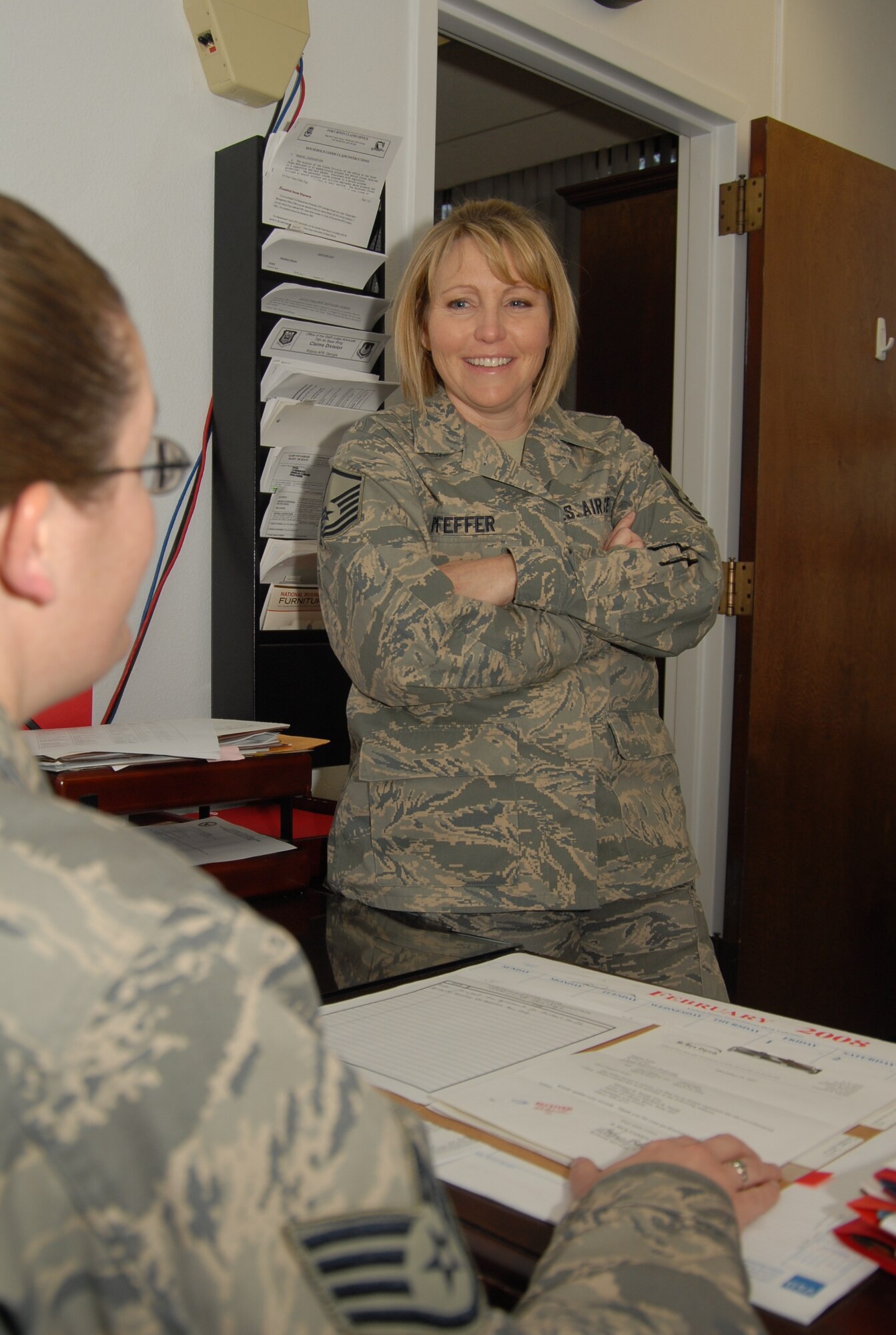 Master Sgt. Sandra Pfeffer, 412th Operations Group first sergeant, is the Air Force Flight Test Center First Sergeant of the Year. Among her accomplishments during the year, Sergeant Pfeffer volunteered to fill first sergeant duties for the security forces at Sather Air Base, Iraq. She also rebuilt the 412th OG’s family care program. (Air Force photo by Airman 1st Class William O'Brien)