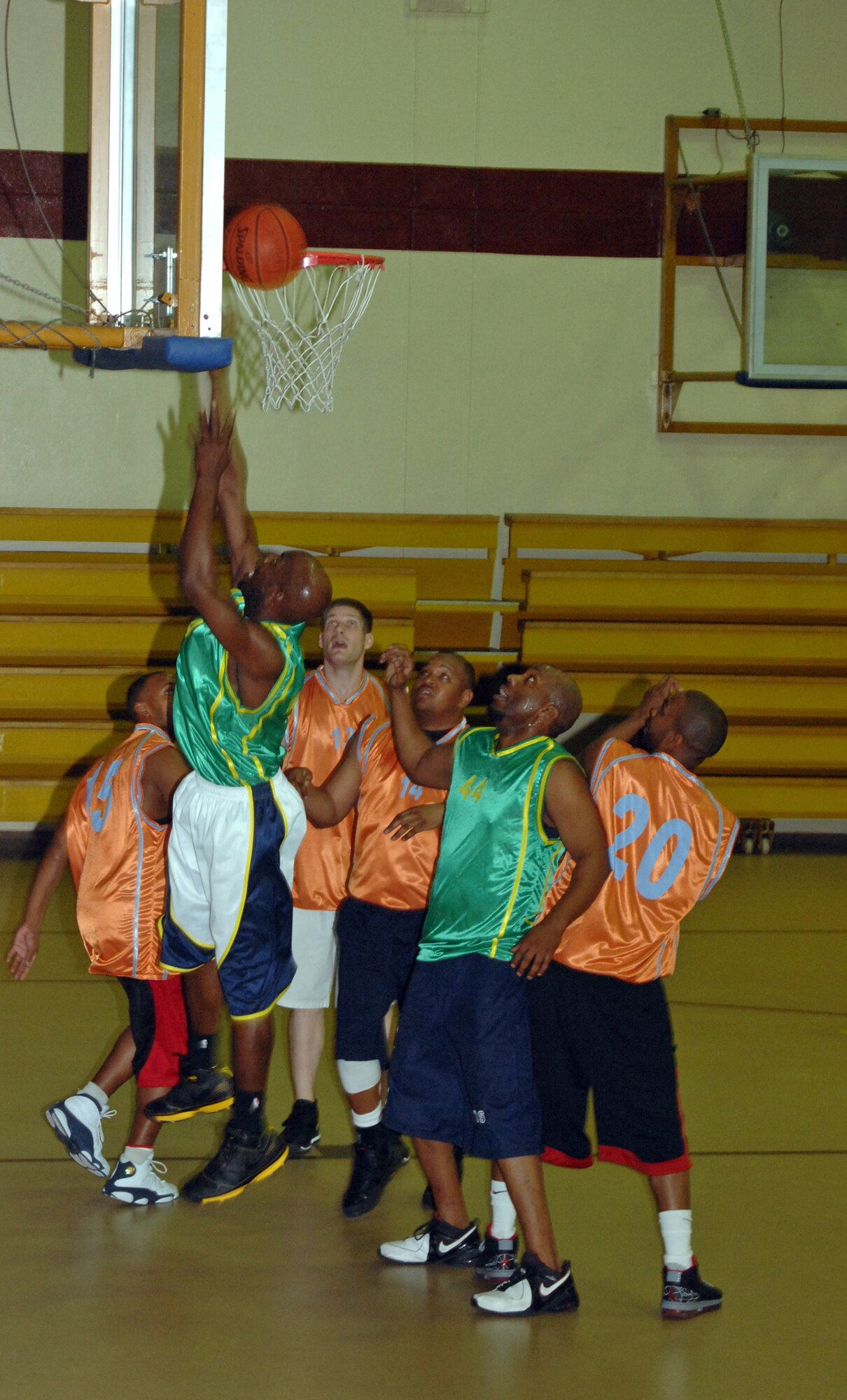 Robert Smith, player for the 39th Civil Engineer, Mission Support and Services Squadron?s combined basketball team, shoots a lay-up during the first half of the CES/MSS/SVS vs. 39th Medical Group intramural playoff game March 20. (U.S. Air Force photo by Senior Airman Jason Burton)