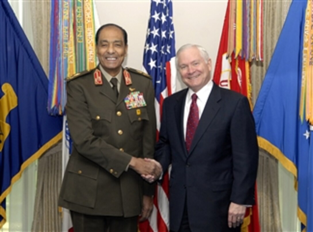 Secretary of Defense Robert M. Gates (right) and Egyptian Minister of Defense Field Marshal Mohamed Hussein Tantawi pose for a photo before they sit down to conduct a working luncheon in the Pentagon on March 25, 2008.  