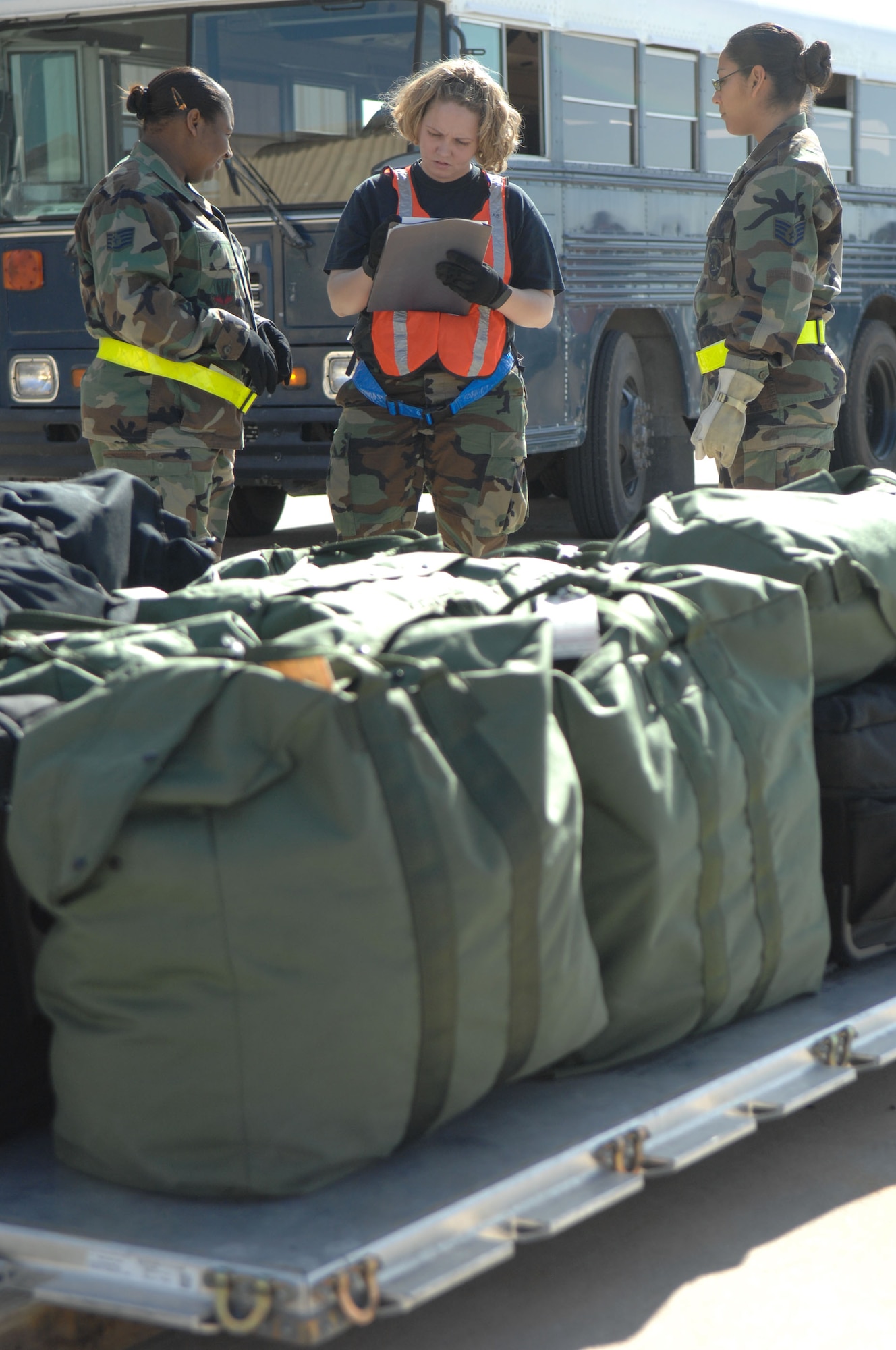 Airman from the 49th Logistics Readiness Squadron review mobility bags and palates as part of the phase 1 portion of Exercise Coronet Gold Rush 08-02 on March 26, 2008,Holloman Air Force Base, N.M..
(U.S. Air Force photo/Senior Airman Anthony Nelson Jr)