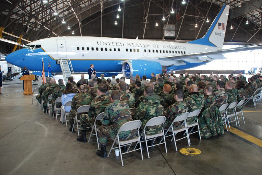 Maj. Clifford Waller, the 932nd Maintenance Squadron's new commander, greets friends and family at the 932nd Airlift Wing. Major Waller assumed command at the March unit training assembly. Photo/Tech. Sgt. Dan Oliver