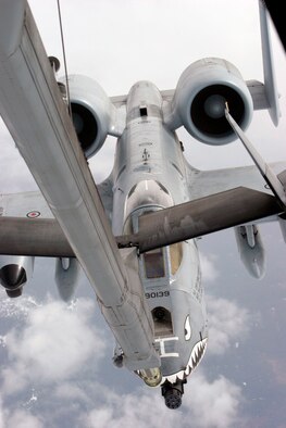 TRAVIS AIR FORCE BASE, Calif. -- The boom operator on a KC-10A Extender from
Team Travis took this photo of a A-10 Thunderbolt -- affectionately known as
the Warthog -- during a combat air refueling over Afghanistan, Jan. 3. The
Air Force Reserve crew consisted of Lt. Col William Featherston, aircraft
commander, 79th Air Refueling Squadron, Maj. Christina Soares, pilot, 70th
ARS, Tech. Sgt. David Olson, flight engineer, 70th ARS, and Staff Sgt.
Robert M Rossman, boom operator, 70th ARS. The Reservists were deployed to a
forward operating location Southwest Asia in support of Operations Iraqi
Freedom and Enduring Freedom.  (U.S. Air Force photo/Staff Sgt. Robert M
Rossman)