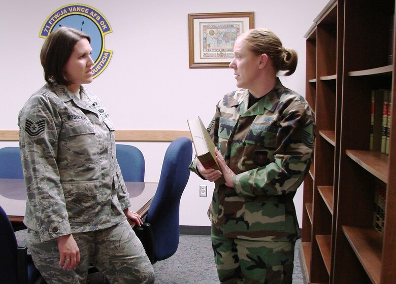 Tech. Sgt. Laura Rosenzweig  and Master Sgt. Katherine Johnson are paralegals in the 71st Flying Training Wing Staff Judge Advocate's Office. Paralegals support several areas including military justice, civil law, claims, contracts, legal assistance and the victim witness assistance program. They may also be certified by the American Bar Association after completing their Community College of the Air Force degrees and seven-level upgrade training requirements, including attendance to the paralegal craftsman course taught at the Air Force Judge Advocate General School at Maxwell Air Force Base, Ala.