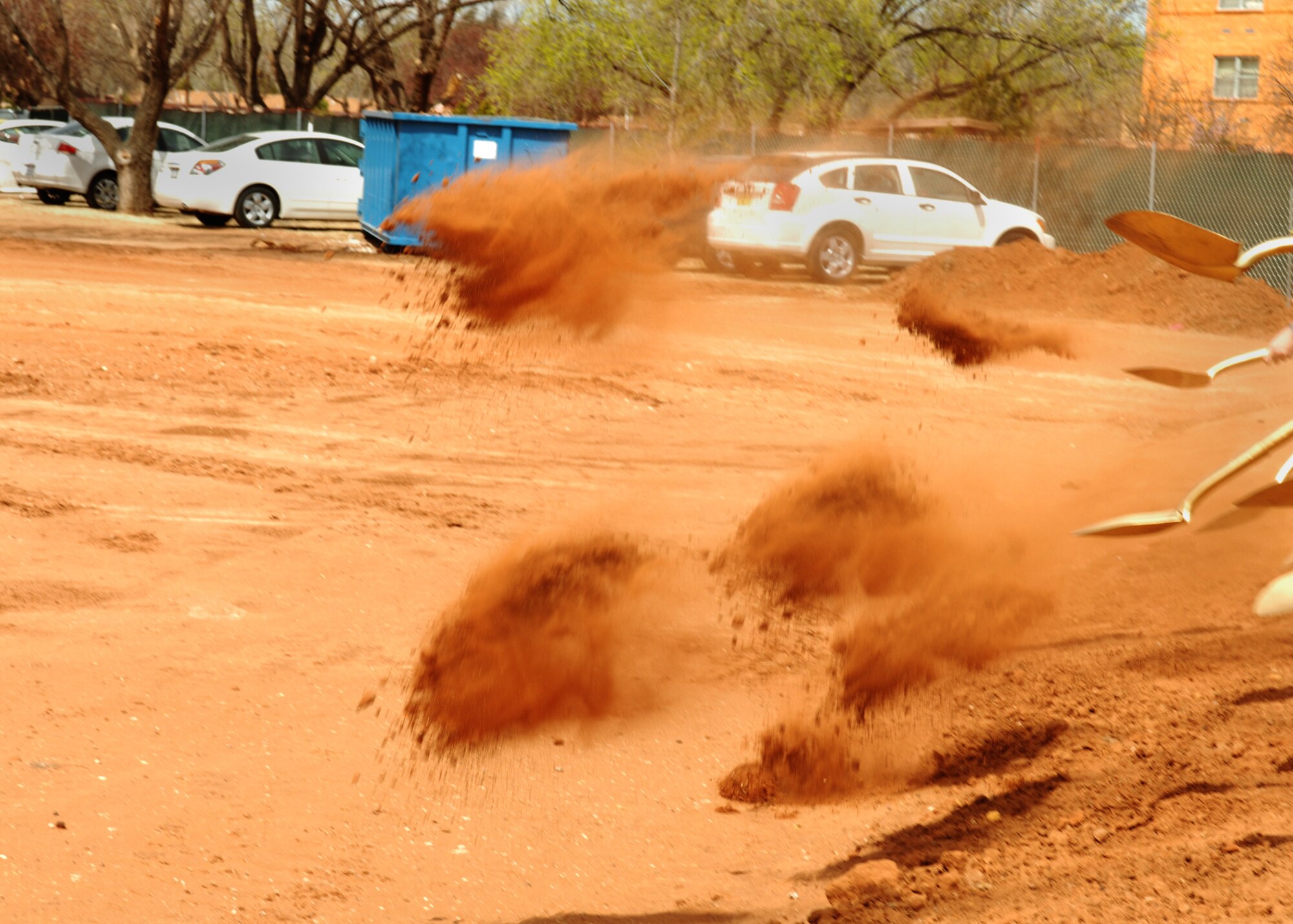 CANNON AIR FORCE BASE N.M.- -The dirt begins to fly as construction officiallly begins for the new Airmen's Center March 26. The $10 million project is expected to be finished June 2009. .  (U.S. Air Force photo by 1st Lt. George Tobias)