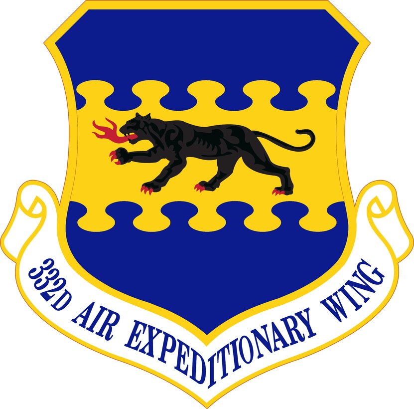 332d Air Expeditionary Wing Shield (Color). Image provided by the Institute of Heraldry. In accordance with Chapter 3 of AFI 84-105, commercial reproduction of this emblem is NOT permitted without the permission of the proponent organizational/unit commander. The image was created by Andy Yacenda of the Air Force News Agency and is 7x7 inches @ 300 dpi.