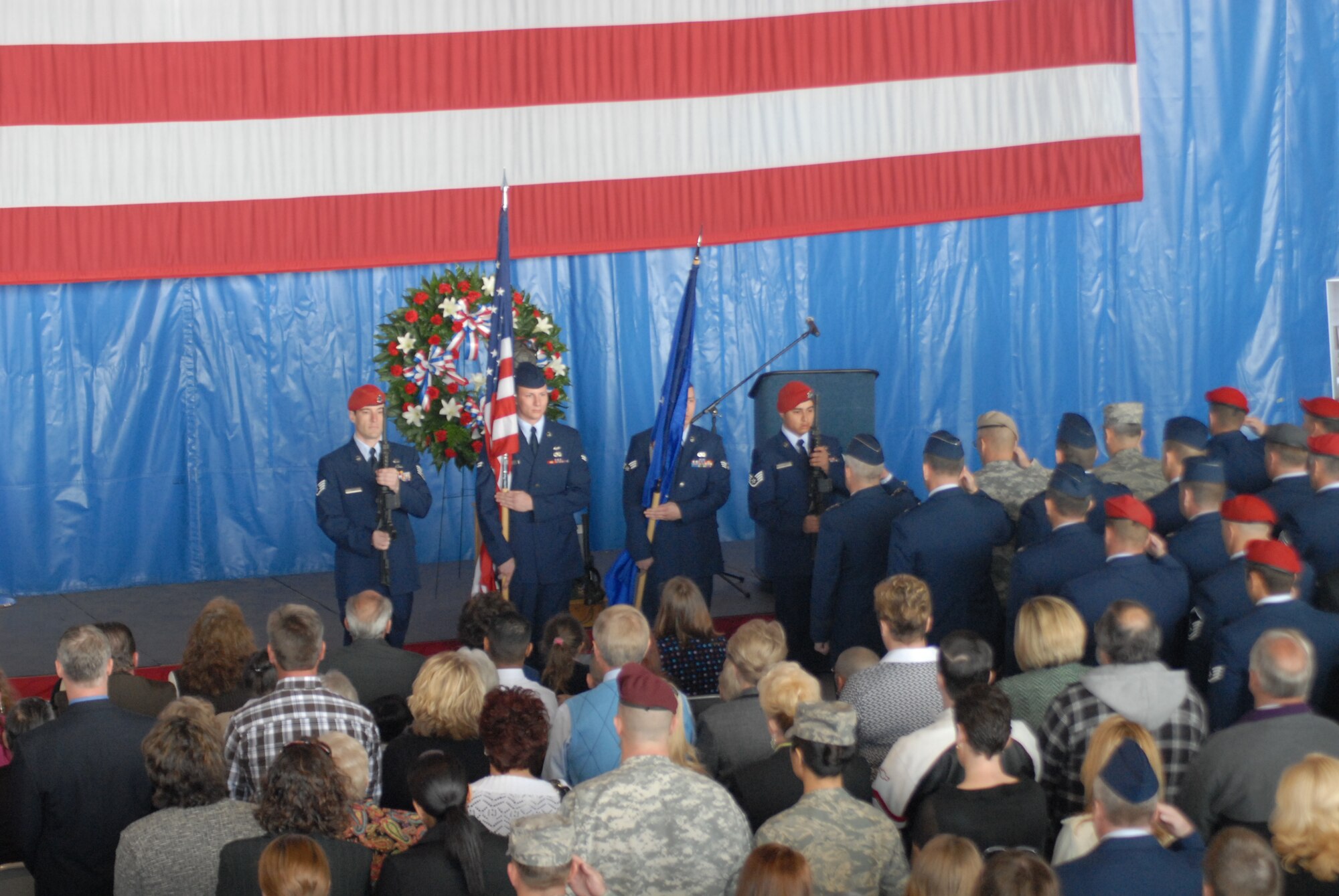 The colors are presented by the Pope Air Force Base Honor Guard during the memorial ceremony for Tech. Sgt. William Jefferson Jr., 21st Special Tactics Squadron, at Hangar 4 on Pope March 26. Sergeant Jefferson died in support of Operation Enduring Freedom March 22. (U.S Air Force Photo by 2nd Lt. Chris Hoyler)