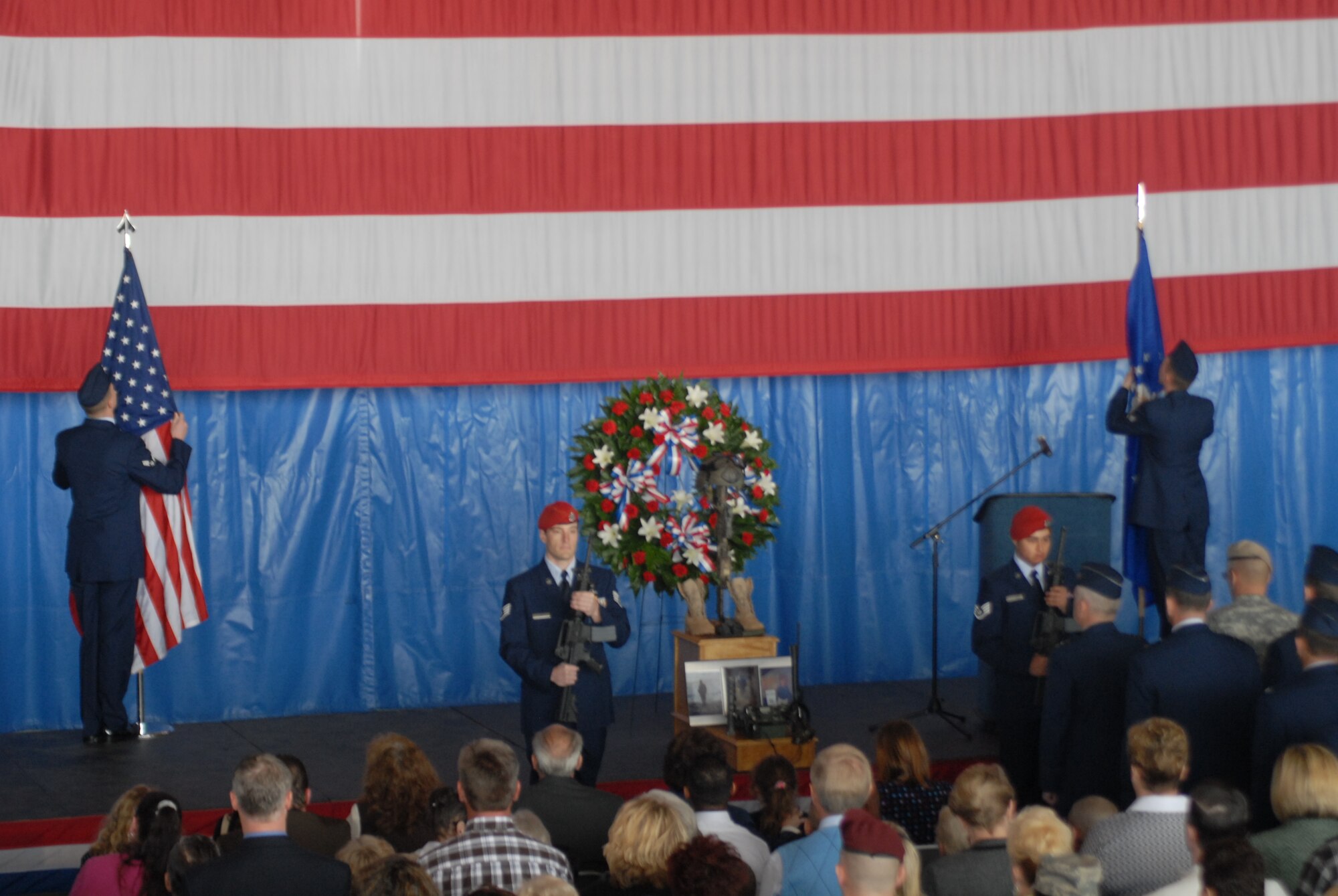 The colors are presented during the memorial ceremony for Tech. Sgt. William Jefferson Jr., 21st Special Tactics Squadron, at Hangar 4 on Pope Air Force Base March 26. Sergeant Jefferson died in support of Operation Enduring Freedom March 22. (U.S Air Force Photo by 2nd Lt. Chris Hoyler)