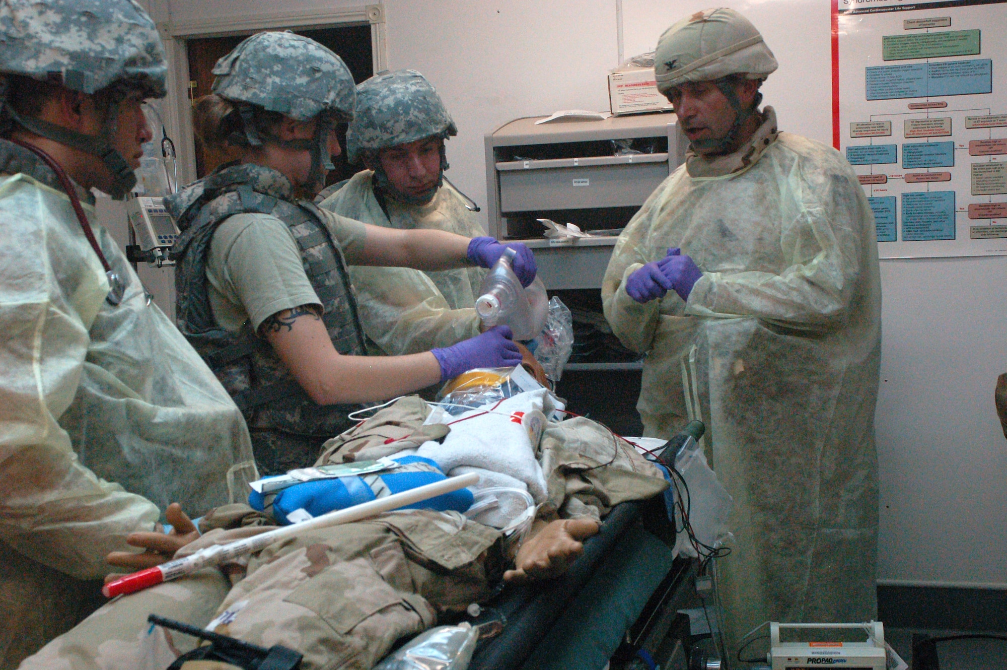 SATHER AIR BASE, Iraq -- Col. Gregory Biernacki (right), the 447th Expeditionary Medical Squadron commander, leads his medical team as they stabilize a simulated patient during training March 21. (U.S. Air Force photo/Tech. Sgt. Amanda Callahan)