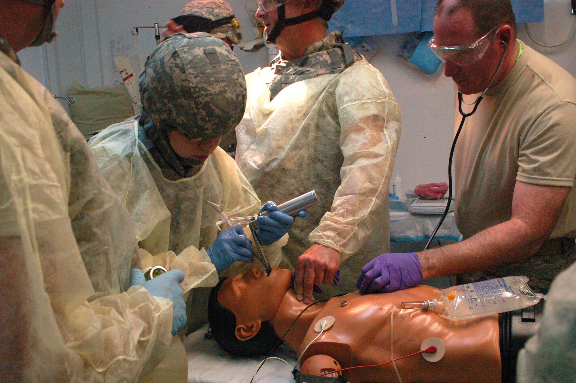 SATHER AIR BASE, Iraq -- Capt. Terri Cote, chief nurse for the 447th Expeditionary Medical Squadron,  intubates a "patient" during a recent training exercise here. (U.S. Air Force photo/Tech. Sgt. Amanda Callahan)