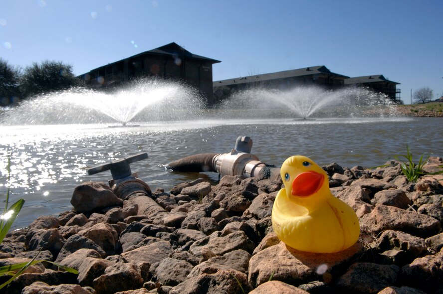 The Effluent Pond is one of several environmental initiatives implemented at Dyess Air Force Base, Texas. The pond serves as a cooling tower for the base ice plant. The ice plant provides a cooling supply for fourteen buildings including the dorms, dining hall and B-1B Lancer simulator building. The base environmental office has implemented several energy-efficient programs as part of their go-green initiative. The base has already spent $1 million less on energy this year compared to the same time last year. (U.S. Air Force photo/Tech. Sgt. Cecilio Ricardo)