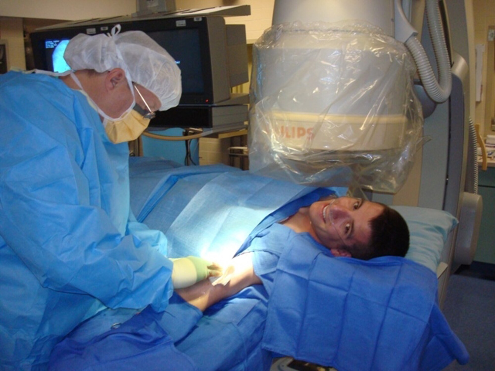 Staff Sgt. Timmy Gatherum, 39th Security Forces Squadron, undergoes a surgery where the doctors placed a port into his left arm that allowed him to receive medicine and give blood samples much easier. Sergeant Gatherum was diagnosed with cancer earlier this year and is currently being treated at Walter Reed Medical Center in Washington D.C. (courtesy photo)