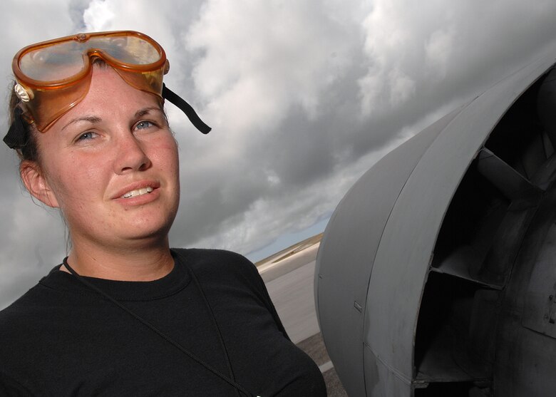 Andersen Air Force Base, Guam -- Airman Alisha Gogocha checks a B-52 Stratofortress engine for post flight maintenance March 26 from Andersen Air Force Base, Guam. As a maintainer, Airman Gogocha launches jets, pumps fuel, performs structural inspections, checks tires and marshals aircraft during taxi operations among many other maintanance tasks she is assigned. Airman Gogocha is from the 96th Expeditionary Bomb Squadron deployed from Barksdale AFB, La. (U.S. Air Force photo/Staff Sgt. Vanessa Valentine)
