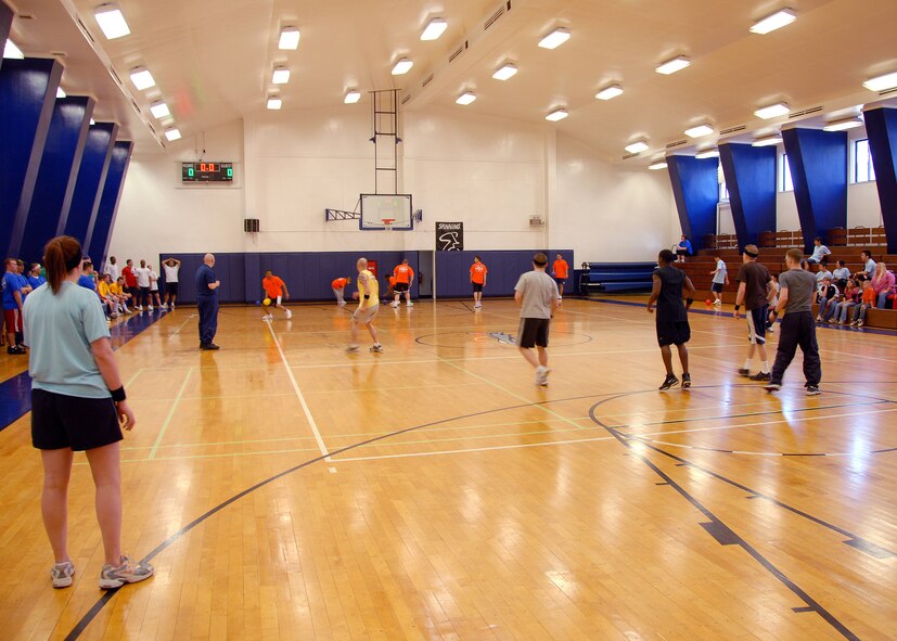 MISAWA AIR BASE, Japan -- Members of team "Last Samurai" and "Average Mo's" compete against each other during a dodgeball tournament at the Potter Fitness Center March 23, 2008.  A total of 10 teams competed in the tournament sponsored by the Potter Fitness Center. (U.S. Air Force photo by Senior Airman Chad Strohmeyer)