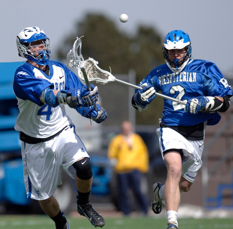 Air Force Academy junior Eric Evans fires a pass upfield.  In this game March 25 at the Cadet Lacrosse Stadium in Colorado Springs, Colo., Air Force defeated Presbyterian College 12-4.  The Falcons, undefeated at home, move to 2-4 on the season.  (U. S. Air Force photo/David Armer)