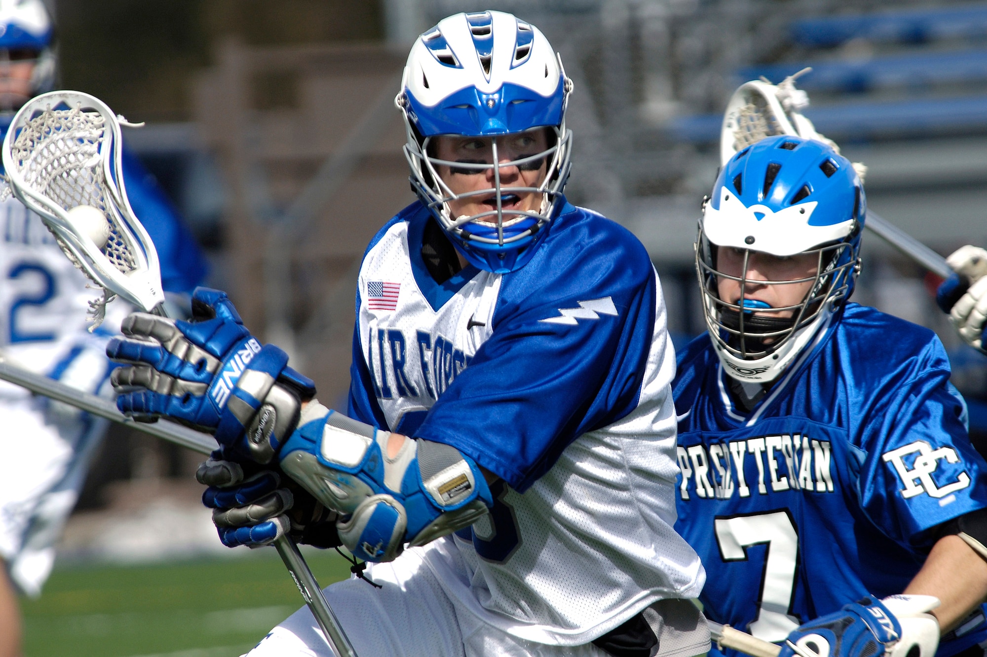Air Force Academy senior Jack Parchman works towards the goal during third period lacrosse action, adding a score as Air Force defeated Presbyterian College 12-4 March 25 at the Cadet Lacrosse Stadium in Colorado Springs, Colo. The Falcons, undefeated at home, move to 2-4 on the season. (U.S. Air Force photo/Mike Kaplan)