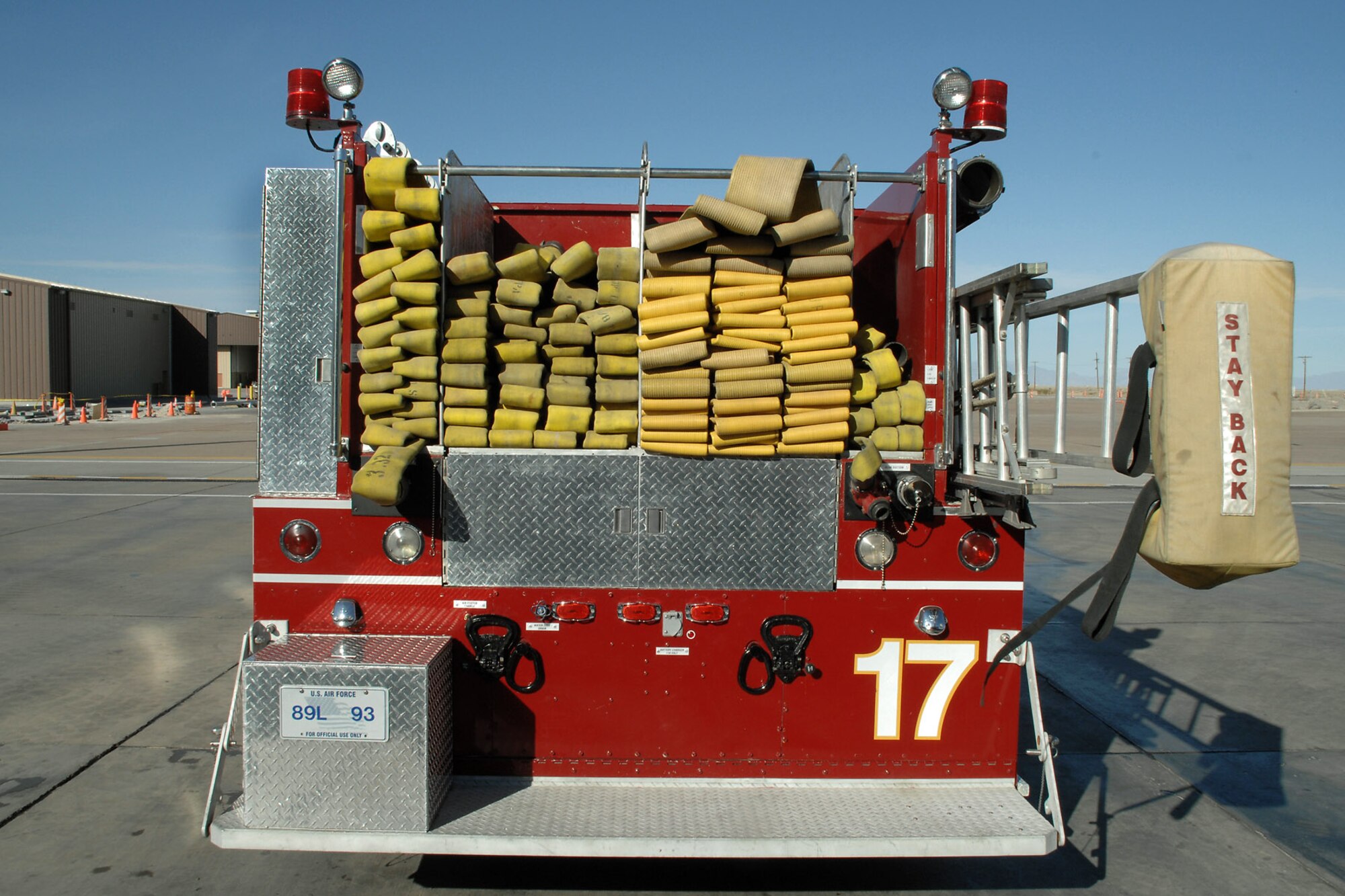 The backside of the truck was modified to make room for more storage compartments in March at Holloman Air Force Base, N.M. Also, added to each side of the truck where F-22 Raptor boarding ladders. (U.S. Air Force photo) 
