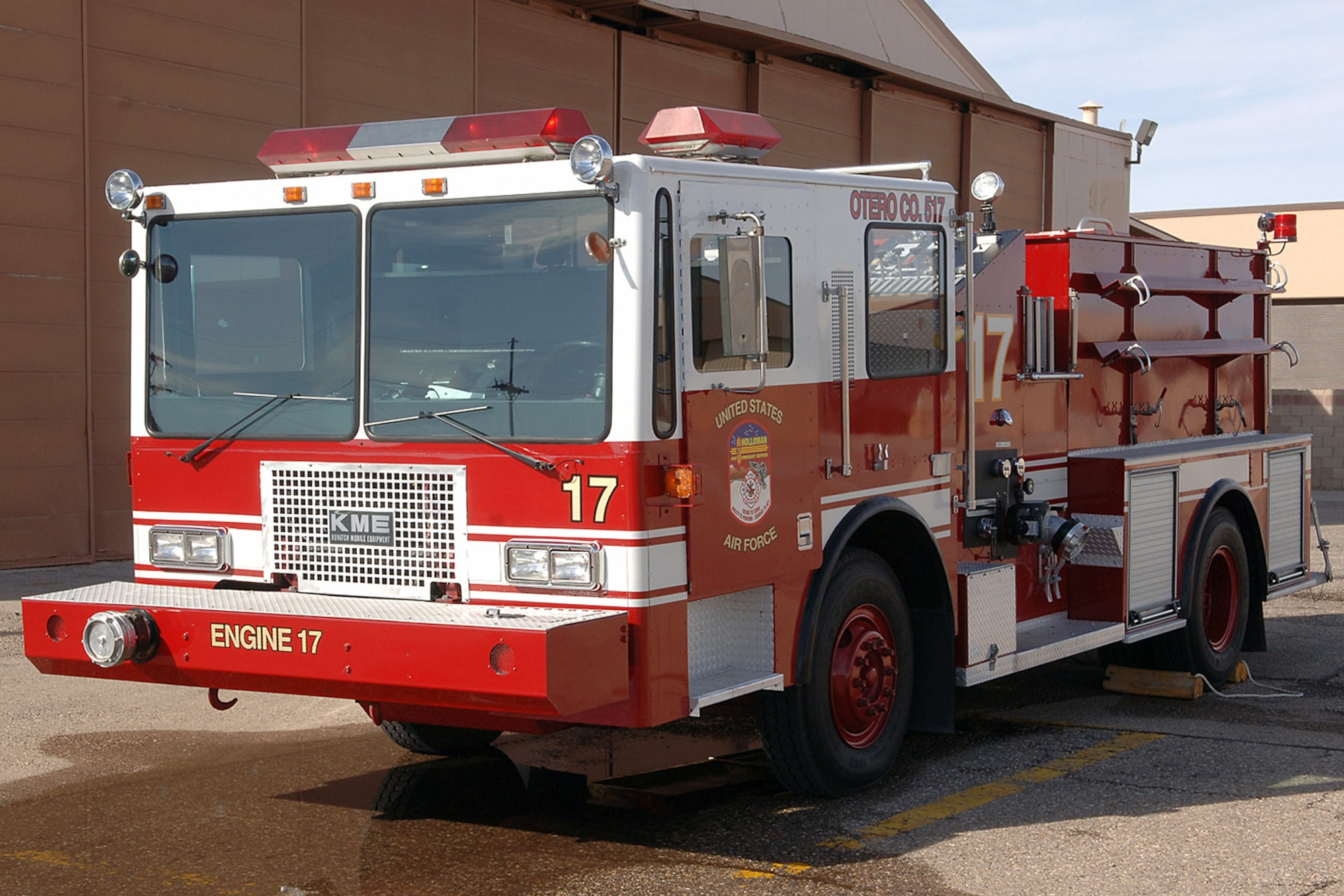 In this photo from 2007, the previous fire truck could only carry a crew of three to four people and a hose line at Holloman Air Force Base, N.M. The truck was very limited on the amount of equipment it could store. With the ability to carry a larger crew and store more equipment, the new truck is able to respond to a wider variety of emergencies, now doing the job that once took two trucks to complete. (U.S. Air Force photo)
