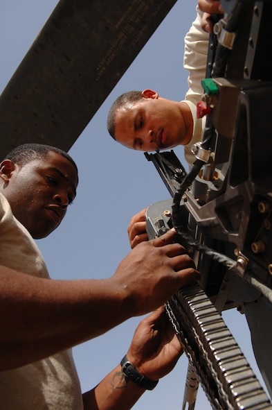 BALAD AIR BASE, Iraq -- Senior Airmen Derand Javier and Chris Moore, 64th Aircraft Maintenance Unit weapons specialists, test the head spacing of a .50-caliber machine gun on an HH-60G Pave Hawk. Both Airmen are deployed from Moody Air Force Base, Ga. (U.S. Air Force photo\ Senior Airman Julianne Showalter)