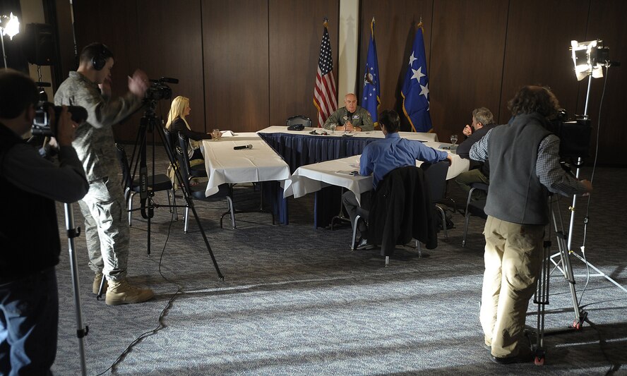 General Carrol H. "Howie" Chandler, Pacific Air Forces commander, answers questions from local media during a press event at Elmendorf Air Force Base, Alaska, March 27. Local media members from Anchorage queried the Hawaii based  commander on a number of topics, to include the recent increase in Russian aircraft intercepts, PACAF's continuing role in Operations Enduring/Iraqi Freedom, and what the  Air Force is doing to meet the challenges of today and tomorrow. (U.S. Air Force photo/Master Sgt. Keith Brown)