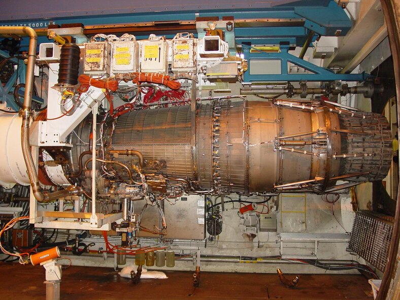 This is a side view of the General Electric F101 engine, the power plant for the B-1B Lancer Bomber, which underwent altitude testing in Arnold Engineering Development Center’s aero-propulsion J-1 test cell.